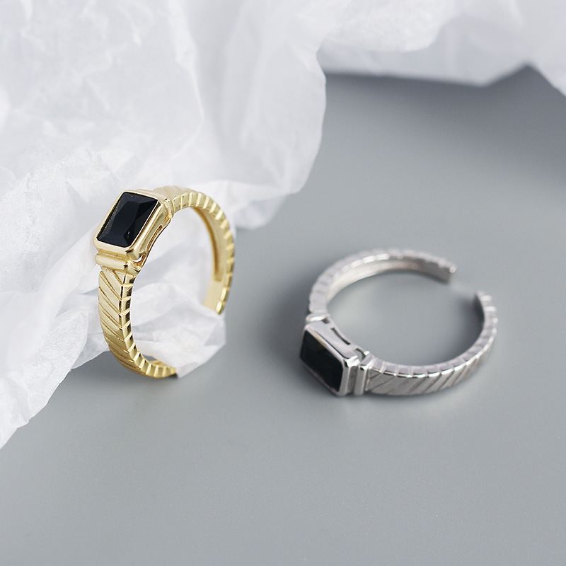 Lovcia Adjustable Gold Tone Black Stone Ring 925 Silver-Rings-Yellow Gold-Yellow Gold