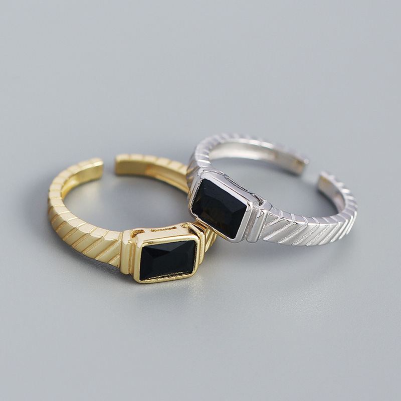 Lovcia Adjustable Gold Tone Black Stone Ring 925 Silver-Rings-Yellow Gold-Yellow Gold