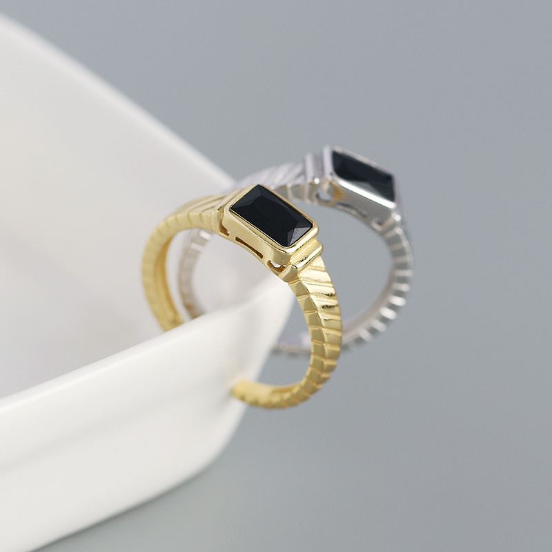 Lovcia Adjustable Gold Tone Black Stone Ring 925 Silver-Rings-Yellow Gold-Yellow Gold