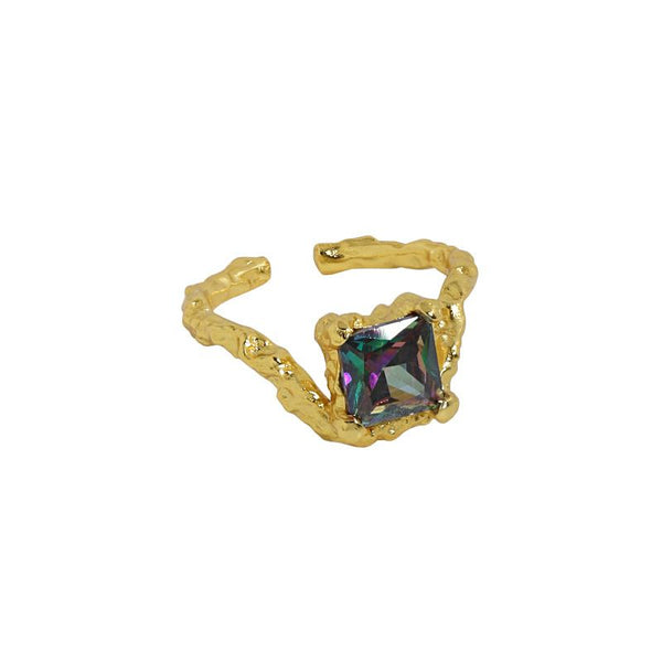 Lovcia Adjustable Gold Tone CZ Square Ring 925 Silver-Rings-Yellow Gold-Yellow Gold