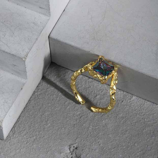Lovcia Adjustable Gold Tone CZ Square Ring 925 Silver-Rings-Yellow Gold-Yellow Gold
