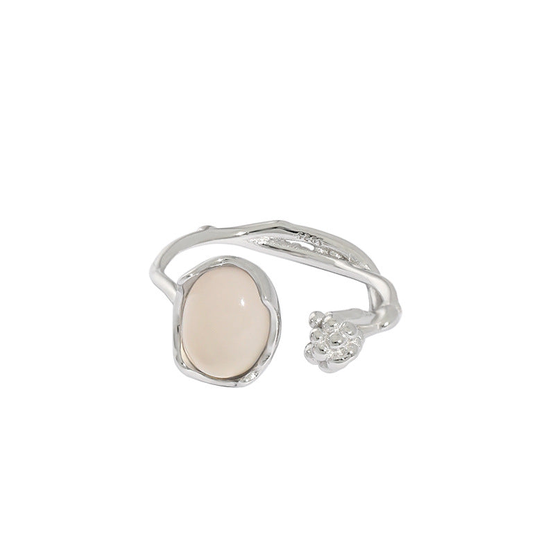 Lovcia Adjustable Gold Tone Oval Agate Ring 7.5x9.6mm-Rings-Rhodium-Rhodium