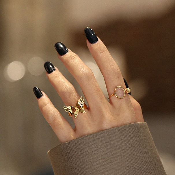 Lovcia Adjustable Gold Tone Oval Agate Ring 7.5x9.6mm-Rings-Yellow Gold-Yellow Gold