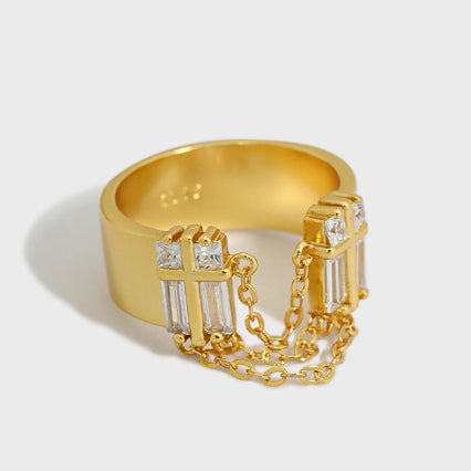 Lovcia Adjustable Goldtone 925 Silver CZ Ring Chain Tassel-Rings-Yellow Gold-Yellow Gold