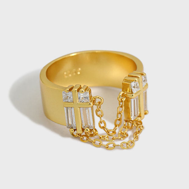 Lovcia Adjustable Goldtone 925 Silver CZ Ring Chain Tassel-Rings-Yellow Gold-Yellow Gold