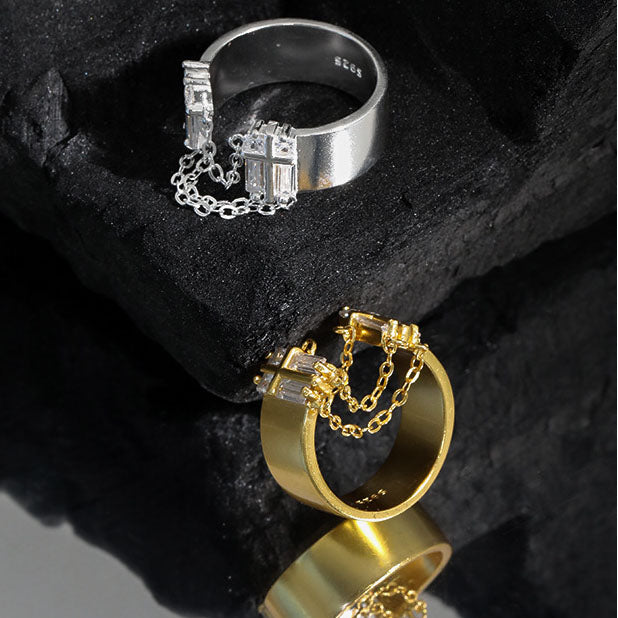 Lovcia Adjustable Goldtone 925 Silver CZ Ring Chain Tassel-Rings-Yellow Gold-Yellow Gold