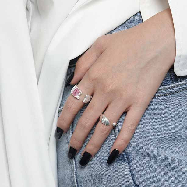 Lovcia Adjustable Pink CZ Rectangle Ring 925 Silver-Rings-Pink Cz-Pink Cz