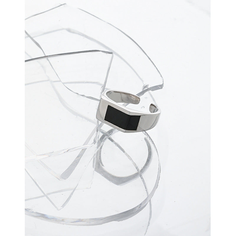 Lovcia Adjustable Ring 925 Silver Black Rectangle Inlay-Rings-Rhodium-Rhodium