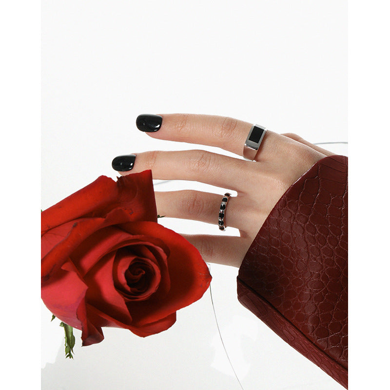 Lovcia Adjustable Ring 925 Silver Black Rectangle Inlay-Rings-Rhodium-Rhodium