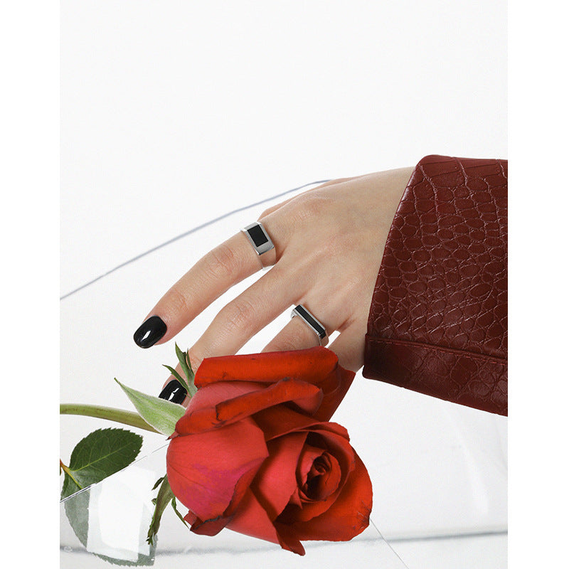 Lovcia Adjustable Ring 925 Silver Black Rectangle Inlay-Rings-Rhodium-Rhodium