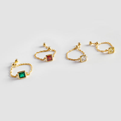 Lovcia Adjustable Square CZ Chain Ring 18K Gold Tone-Rings-Yellow Gold & Red CZ-Yellow Gold & Red CZ
