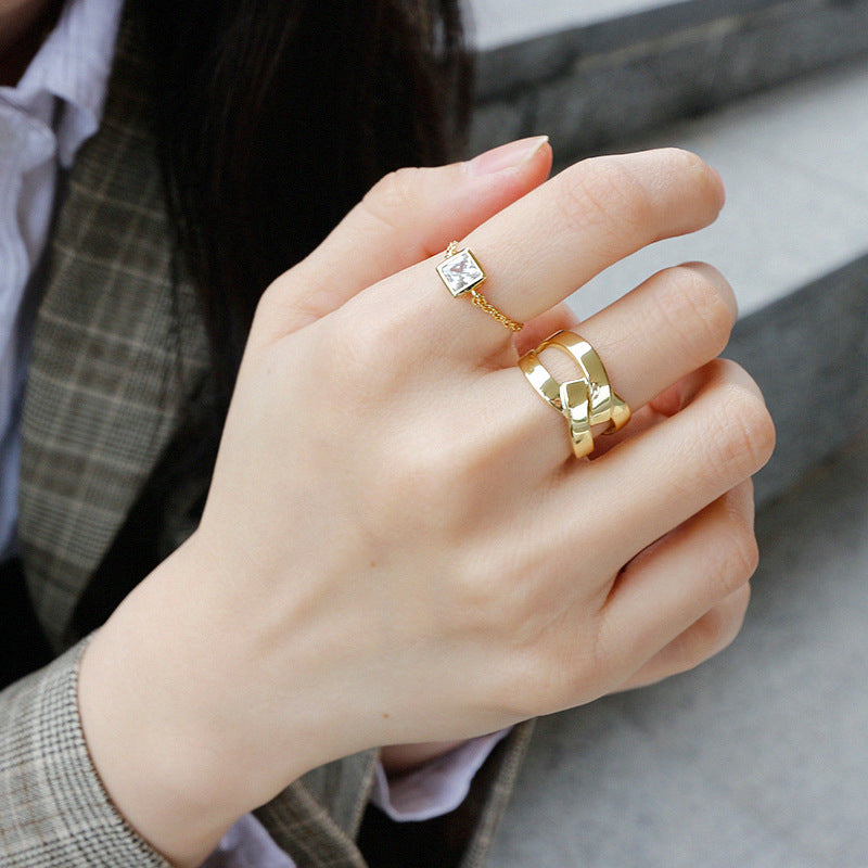 Lovcia Adjustable Square CZ Chain Ring 18K Gold Tone-Rings-Yellow Gold & Red CZ-Yellow Gold & Red CZ