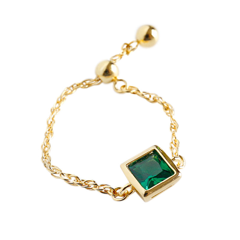 Lovcia Adjustable Square CZ Chain Ring 18K Gold Tone-Rings-Yellow Gold & Red CZ-Yellow Gold & Red CZ