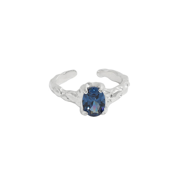 Lovcia Adjustable Sterling Silver Ring Blue CZ Oval-Rings-Rhodium-Rhodium