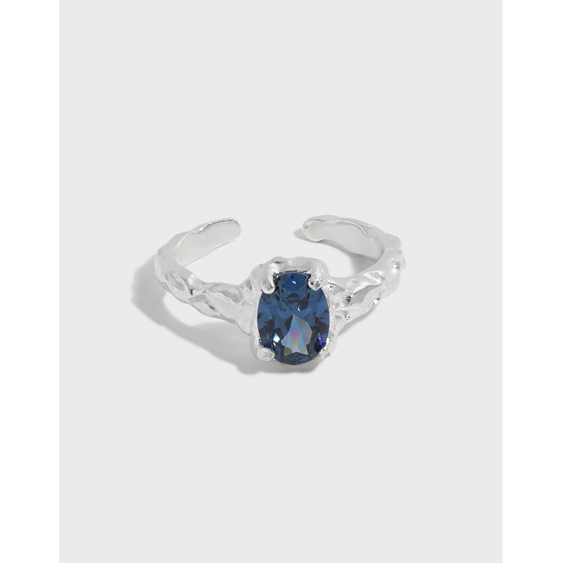Lovcia Adjustable Sterling Silver Ring Blue CZ Oval-Rings-Rhodium-Rhodium