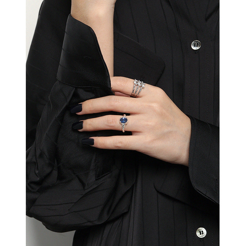 Lovcia Adjustable Sterling Silver Ring Blue CZ Oval-Rings-Rhodium-Rhodium