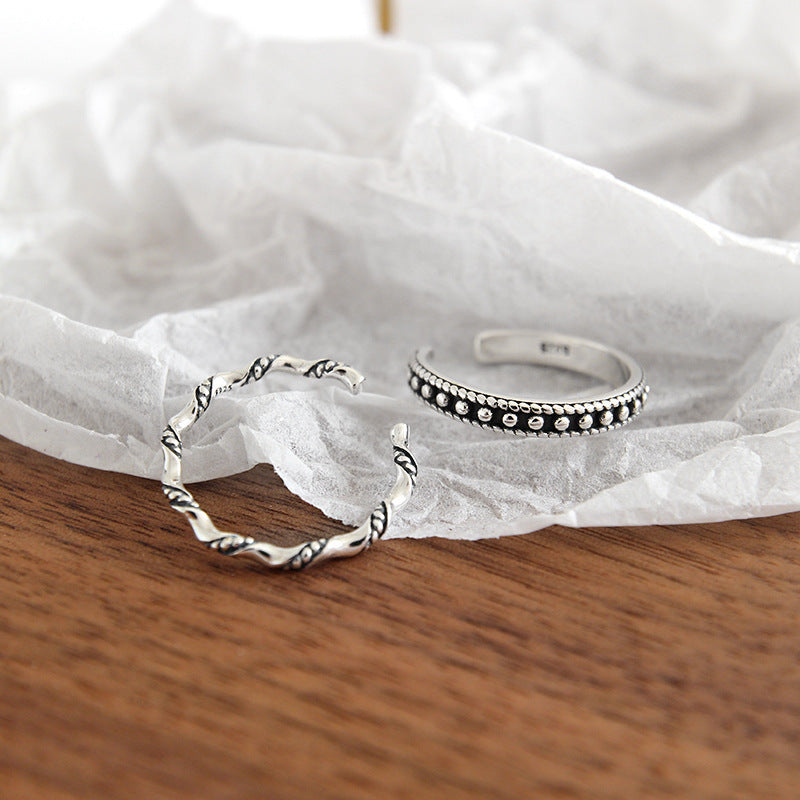 Lovcia Adjustable Sterling Silver Twisted Wave Beads Ring-Rings-Beads Ring-Beads Ring
