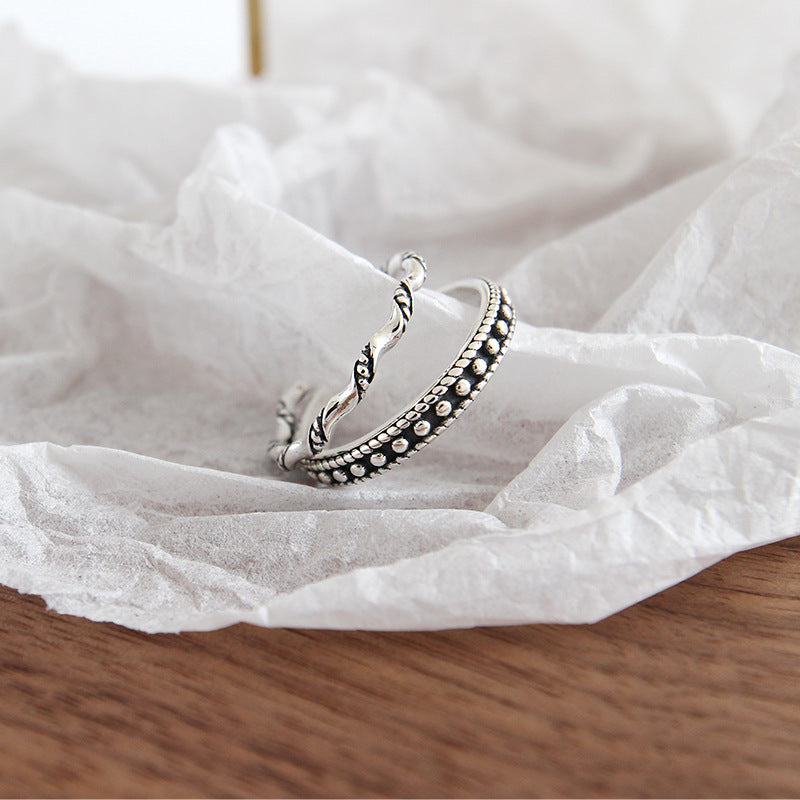 Lovcia Adjustable Sterling Silver Twisted Wave Beads Ring-Rings-Beads Ring-Beads Ring