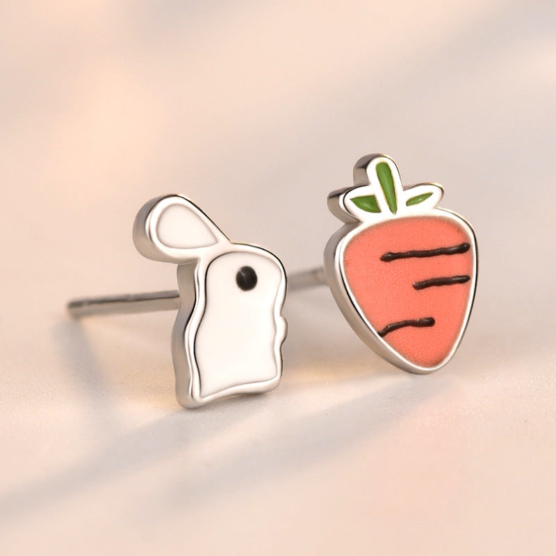 Lovcia Adorable Asymmetric Rabbit and Carrot 925 Sterling Silver Stud Earrings for Women-Earrings-Silver-Silver