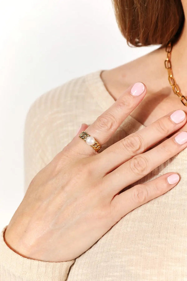 Lovcia Adored Pearl Stainless Steel Open Ring-Rings-Gold-One Size-Gold