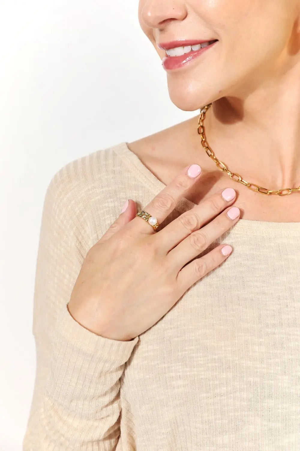 Lovcia Adored Pearl Stainless Steel Open Ring-Rings-Gold-One Size-Gold