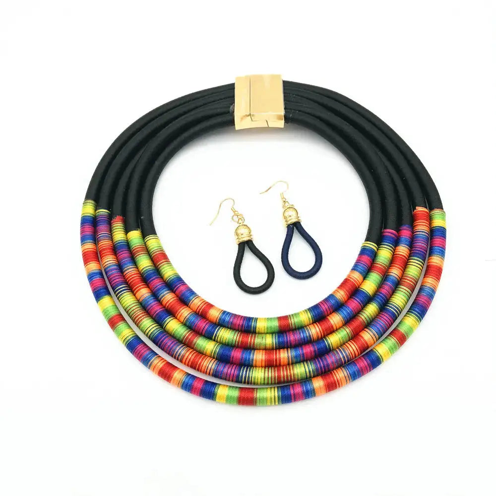 Lovcia African Multilayer Choker Necklaces Earrings Jewellery Sets-Necklaces-Black-Black