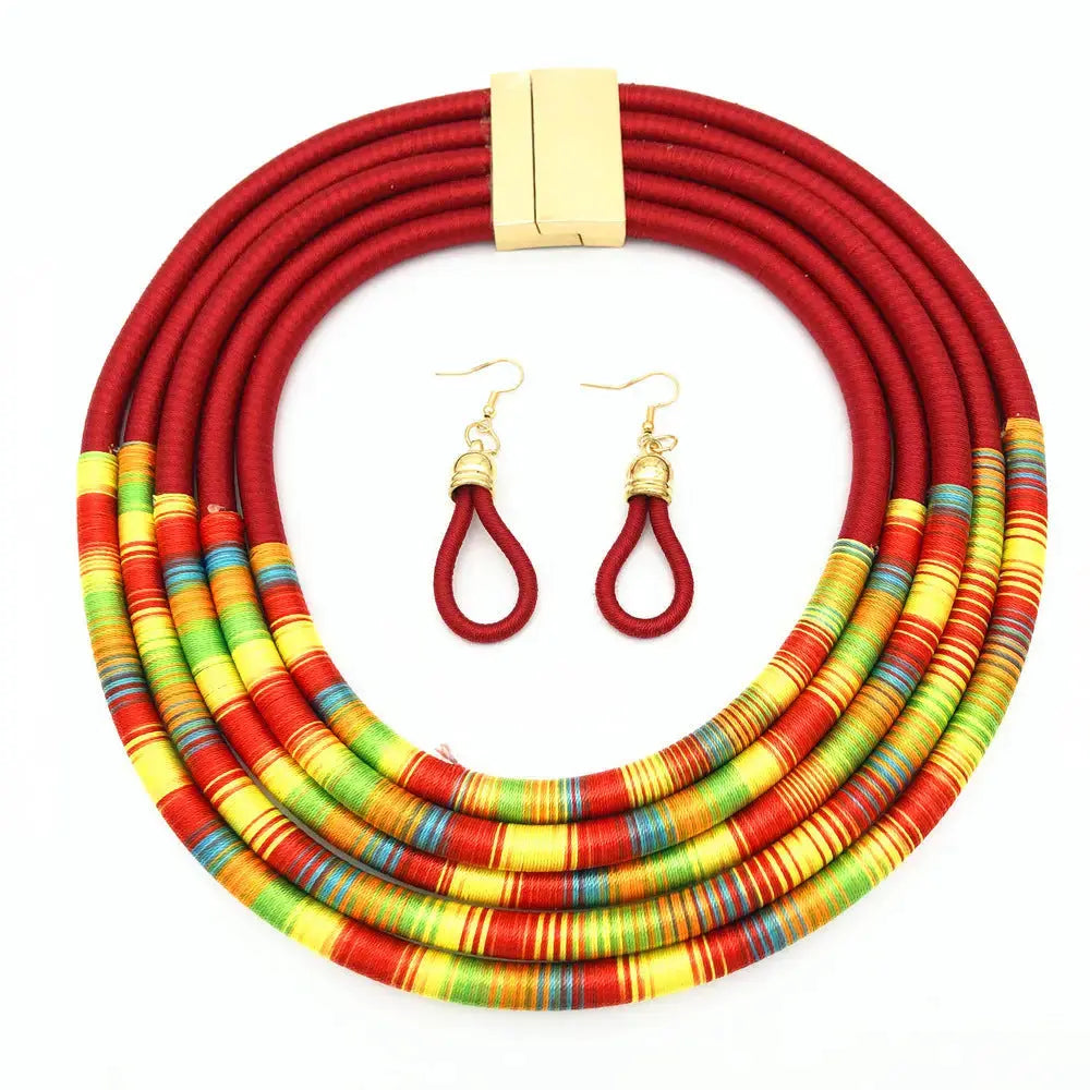 Lovcia African Multilayer Choker Necklaces Earrings Jewellery Sets-Necklaces-Red-Red