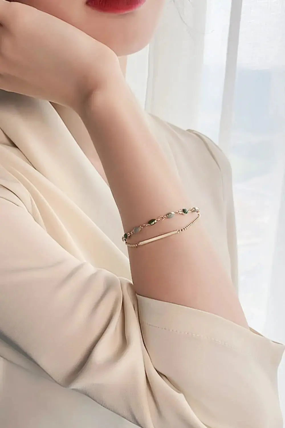 Lovcia Alloy Double-Layered Bracelet-Bracelets-Gold/Green-One Size-Gold/Green