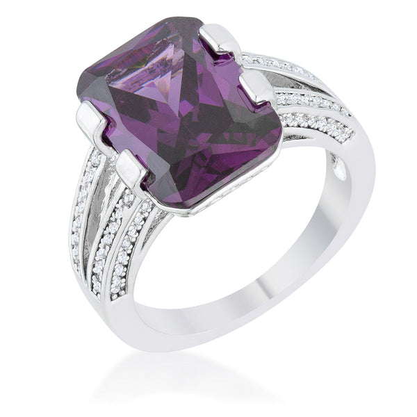Lovcia Amethyst CZ Emerald-Cut Rhodium Cocktail Ring with Clear Accents-Rings-5-5