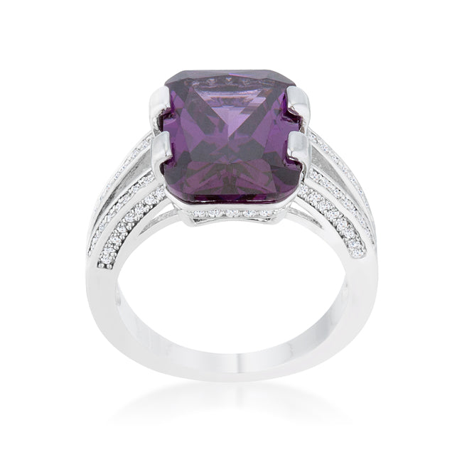 Lovcia Amethyst CZ Emerald-Cut Rhodium Cocktail Ring with Clear Accents-Rings-5-5
