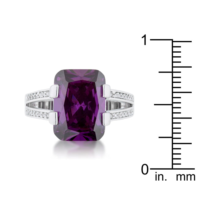 Lovcia Amethyst CZ Emerald-Cut Rhodium Cocktail Ring with Clear Accents-Rings-5-5