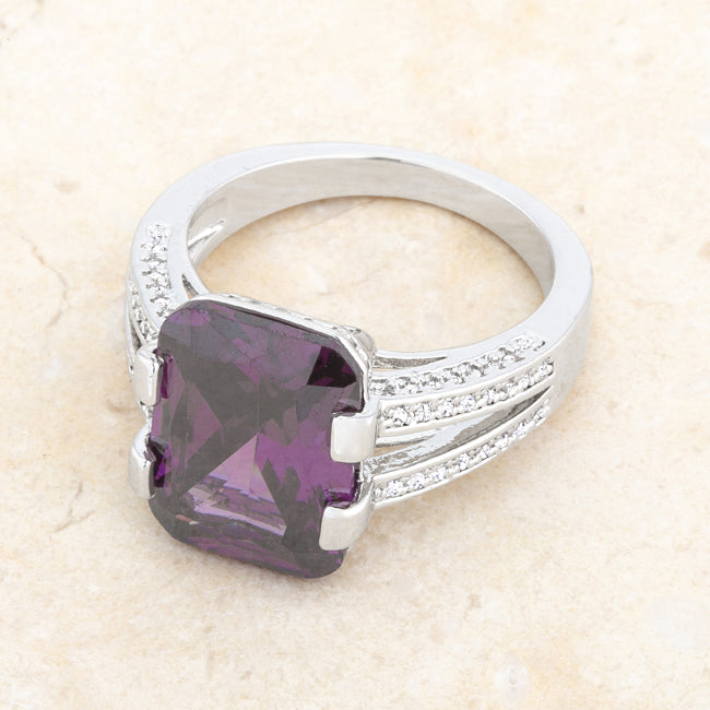 Lovcia Amethyst CZ Emerald-Cut Rhodium Cocktail Ring with Clear Accents-Rings-5-5