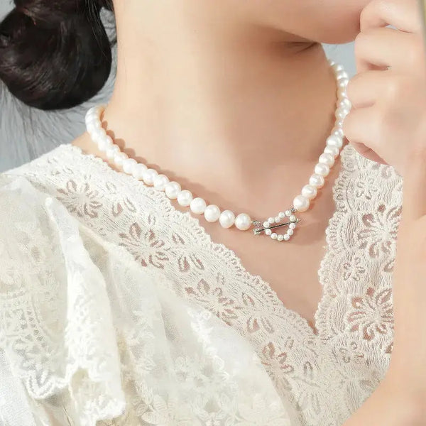 Lovcia Anniversary Arrow Heart Shell Pearls 925 Sterling Silver Necklace-Necklaces-Rhodium-Rhodium