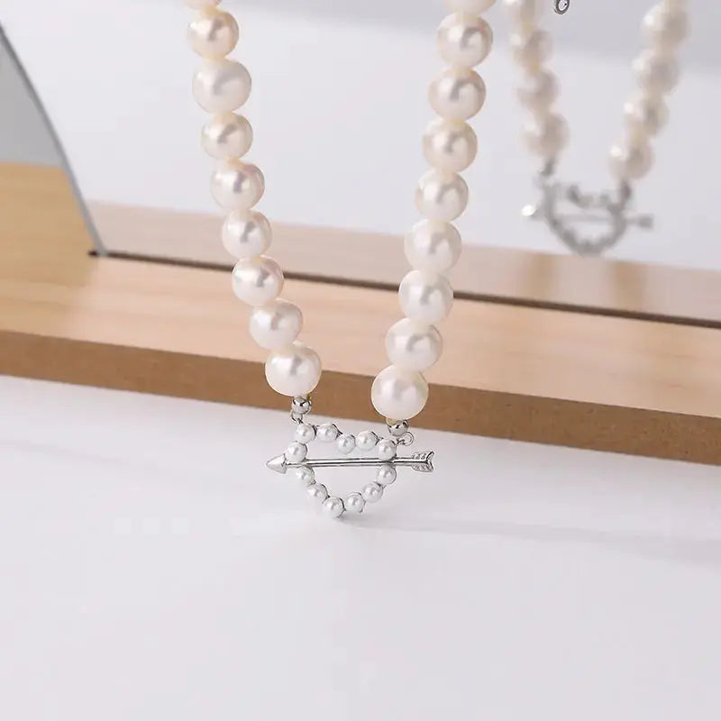 Lovcia Anniversary Arrow Heart Shell Pearls 925 Sterling Silver Necklace-Necklaces-Rhodium-Rhodium