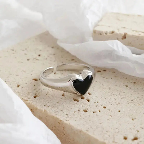 Lovcia Anniversary Black Heart 925 Sterling Silver Adjustable Ring-Rings-Silver-Silver