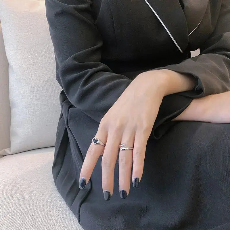Lovcia Anniversary Black Heart 925 Sterling Silver Adjustable Ring-Rings-Silver-Silver