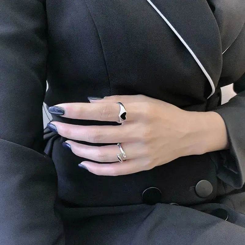 Lovcia Anniversary Black Heart 925 Sterling Silver Adjustable Ring-Rings-Silver-Silver