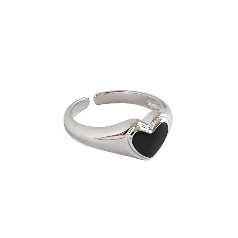 Lovcia Anniversary Black Heart 925 Sterling Silver Adjustable Ring-Rings-Silver-Silver