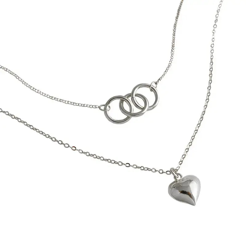 Lovcia Anniversary Double Circles Heart Love 925 Sterling Silver Necklace-Necklaces-Silver-Silver