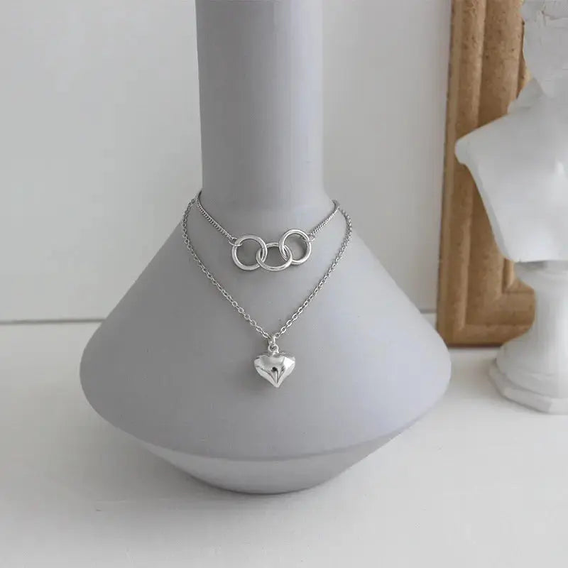 Lovcia Anniversary Double Circles Heart Love 925 Sterling Silver Necklace-Necklaces-Silver-Silver