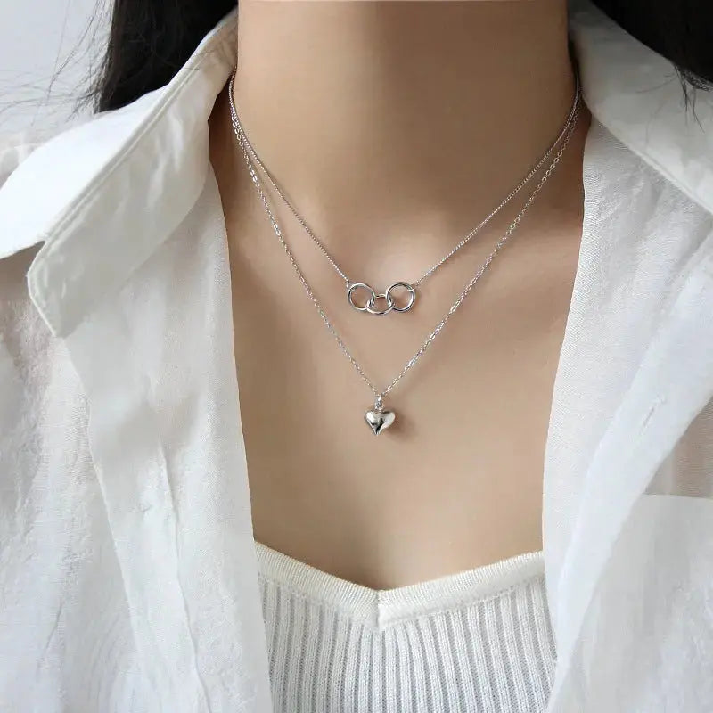 Lovcia Anniversary Double Circles Heart Love 925 Sterling Silver Necklace-Necklaces-Silver-Silver