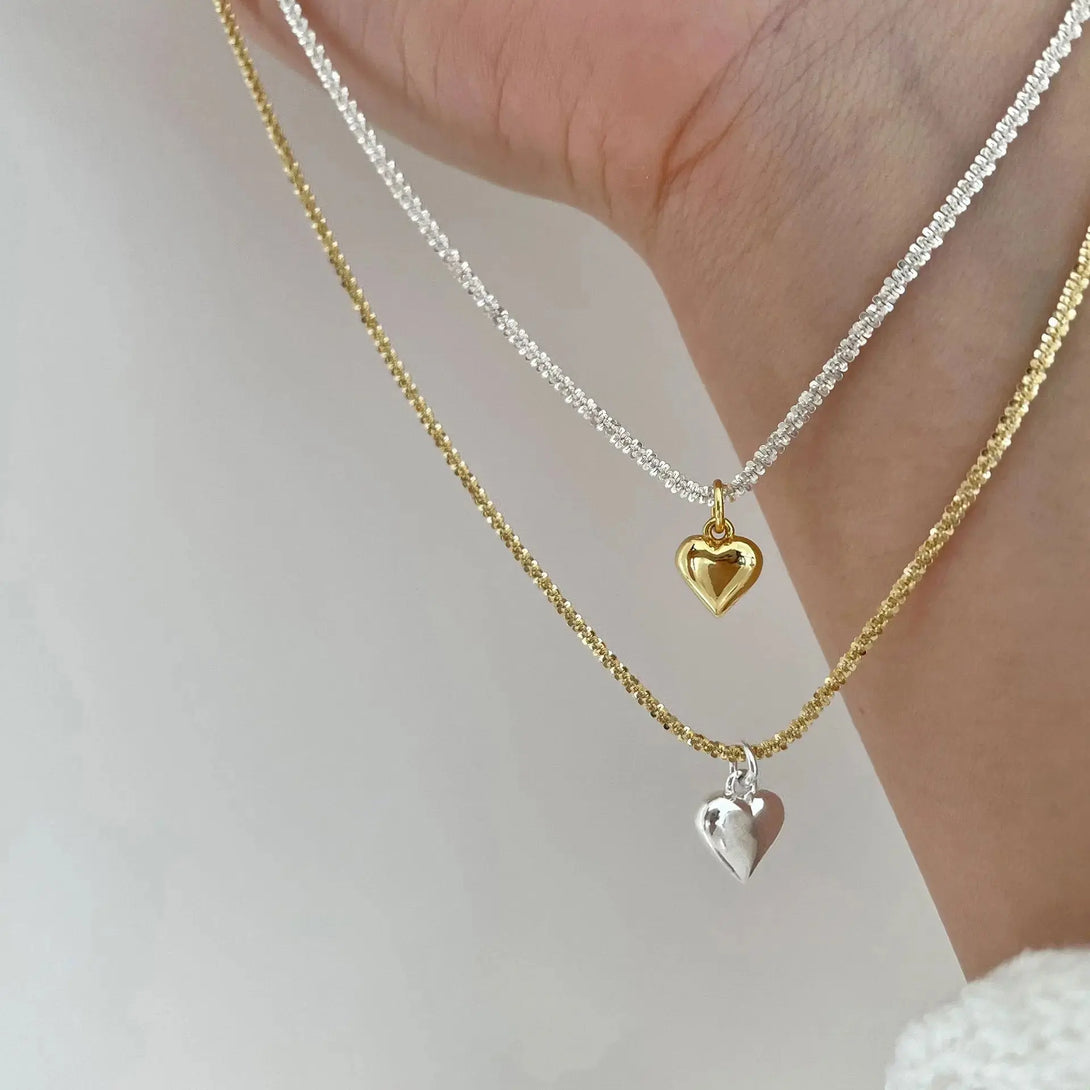 Lovcia Anniversary Heart Popcorn Chain 925 Sterling Silver Necklace-Necklaces-Gold Chain + Rhodium Heart-Gold Chain + Rhodium Heart