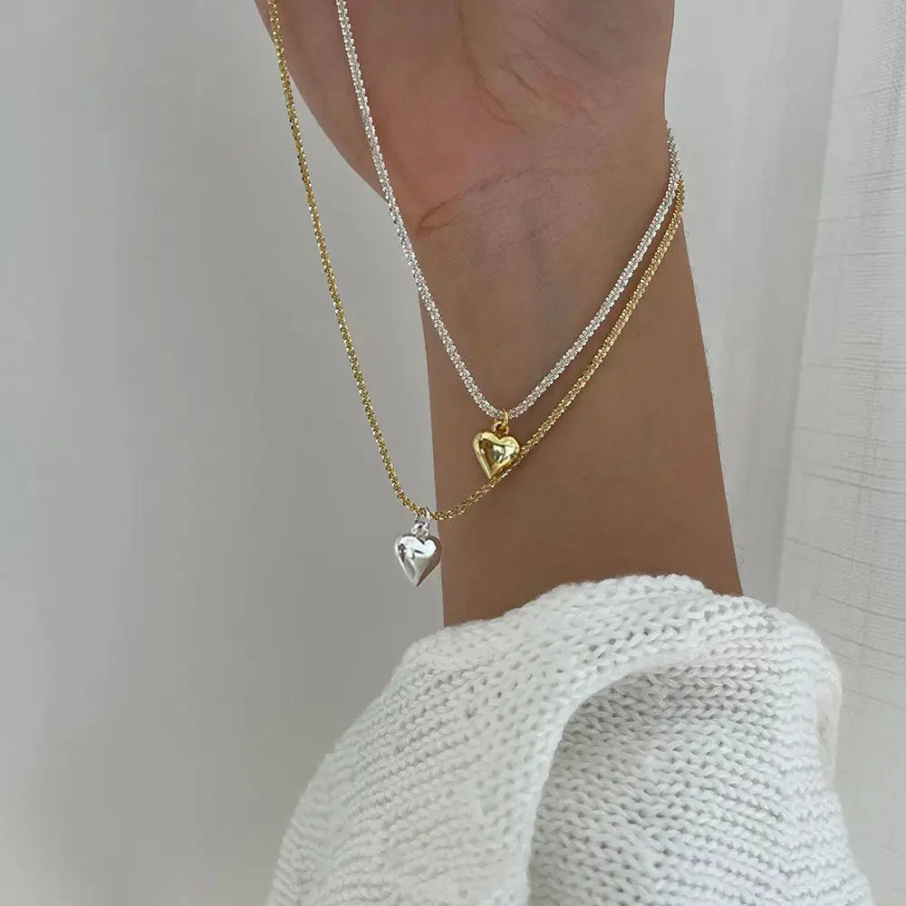 Lovcia Anniversary Heart Popcorn Chain 925 Sterling Silver Necklace-Necklaces-Gold Chain + Rhodium Heart-Gold Chain + Rhodium Heart