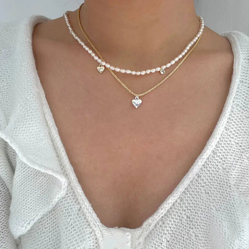 Lovcia Anniversary Heart Popcorn Chain 925 Sterling Silver Necklace-Necklaces-Gold Chain + Rhodium Heart-Gold Chain + Rhodium Heart