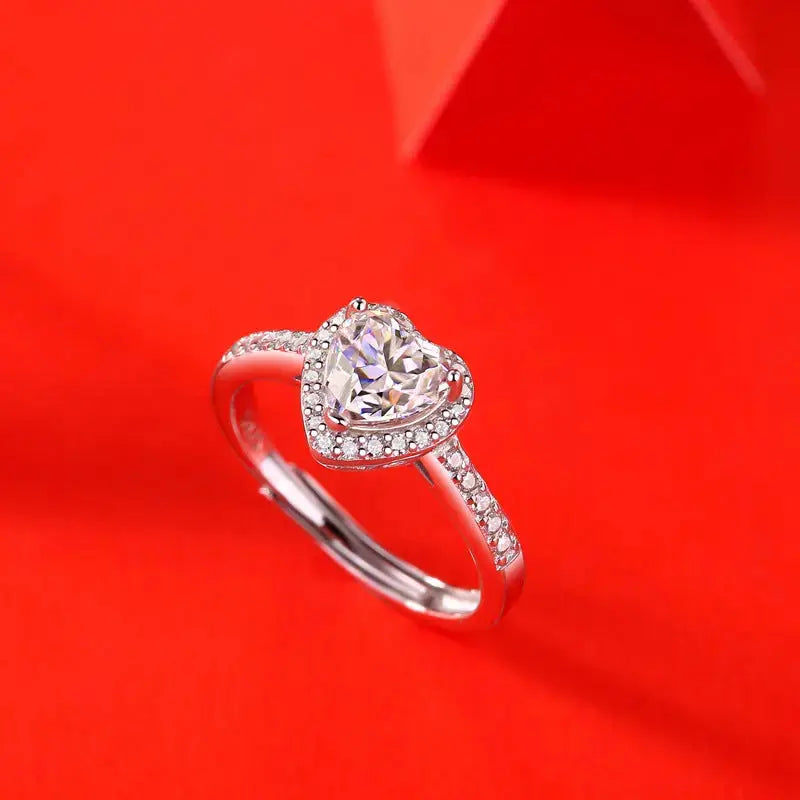 Lovcia Anniversary Moissanite CZ Heart 925 Sterling Silver Adjustable Ring-Rings-1 ct ( Certificate Included )-1 ct ( Certificate Included )