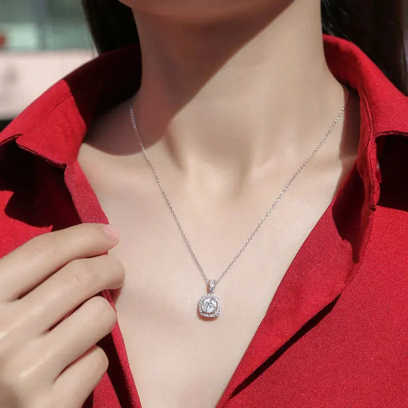 LOVCIA Anniversary Moissanite CZ Hollow Square 925 Sterling Silver Necklace