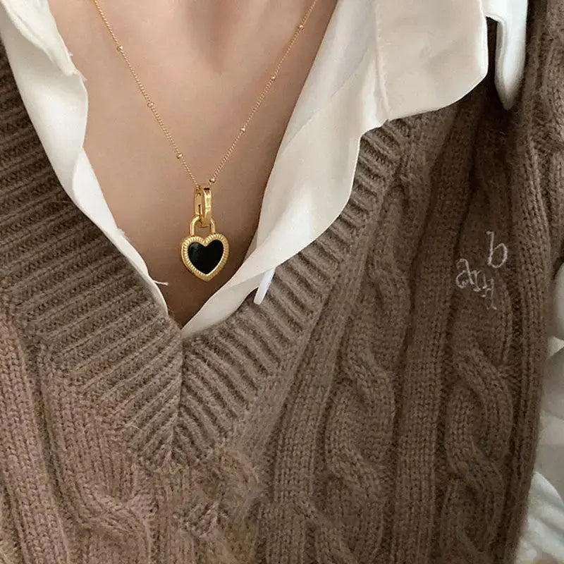 Lovcia Anniversary Two-Sided Black Heart Lock 925 Sterling Silver Necklace-Necklaces-Yellow Gold-Yellow Gold