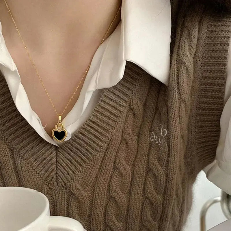 Lovcia Anniversary Two-Sided Black Heart Lock 925 Sterling Silver Necklace-Necklaces-Yellow Gold-Yellow Gold