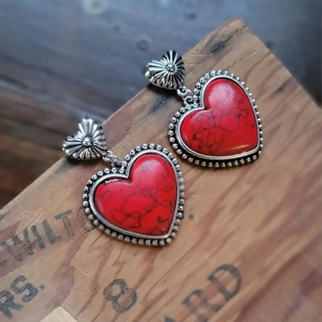 Lovcia Artificial Turquoise Alloy Heart Dangle Earrings-Earrings-Deep Red-One Size-Deep Red
