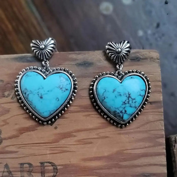 Lovcia Artificial Turquoise Alloy Heart Dangle Earrings-Earrings-Turquoise-One Size-Turquoise